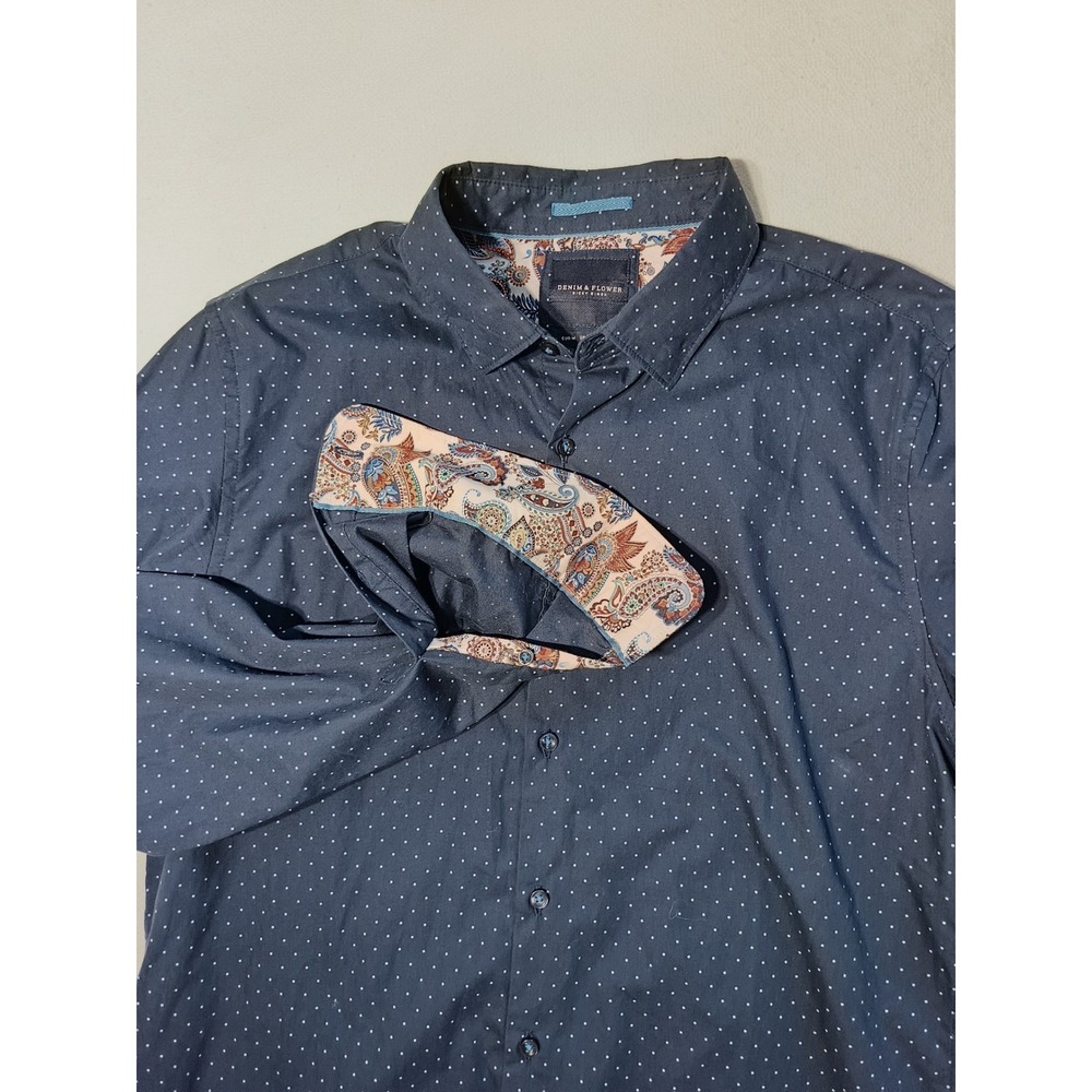 Denim & Flower Ricky Singh Mens Navy Polka Dot Paisley Trim Button Down Shirt M